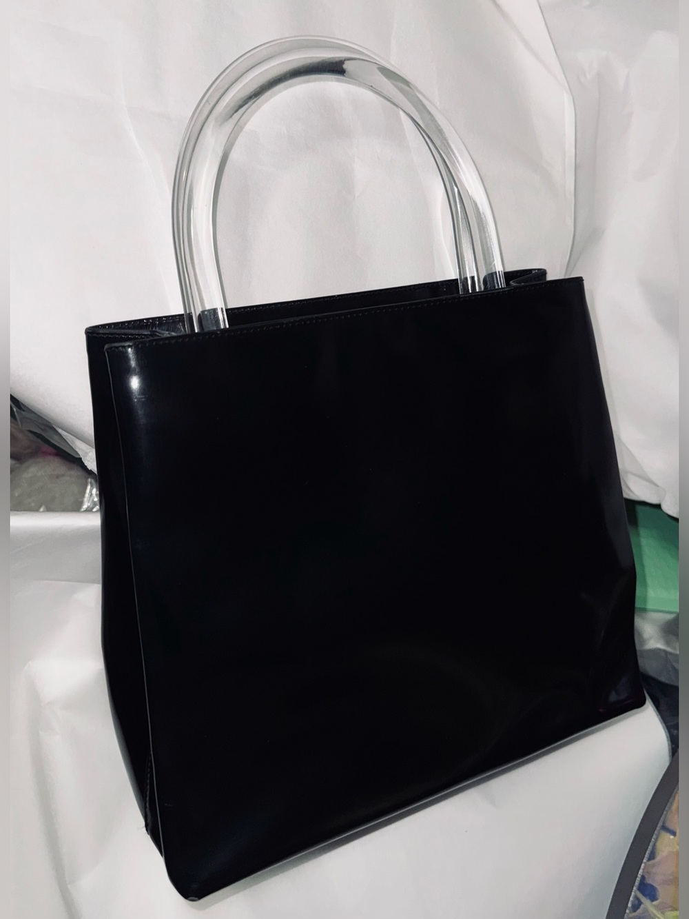 Prada AUTHENTIC Vintage Black Patent Leather Clear Lucite Shopper Tote Bag 90s - Picture 3 of 16